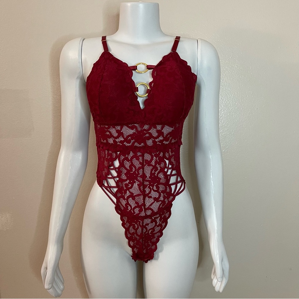Burgundy mesh removable pads ring lace teddy bodysuit